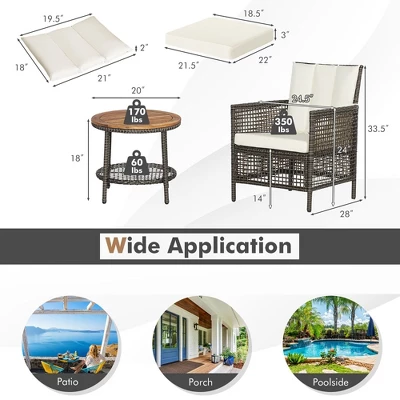 Tangkula 3PCS Patio Wicker Bistro Set Furniture Set PE Rattan Table Set W/ Off White Cushions 6 Tangkula 3PCS Patio Wicker Bistro Set Furniture Set PE Rattan Table Set W/ Off White Cushions - Image 6