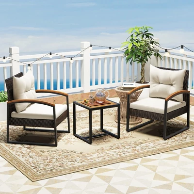 Tangkula 3PCS Patio Wicker Furniture Set PE Wicker Furniture Conversation Set W/ Acacia Wood Table 2 Tangkula 3PCS Patio Wicker Furniture Set PE Wicker Furniture Conversation Set W/ Acacia Wood Table - Image 2