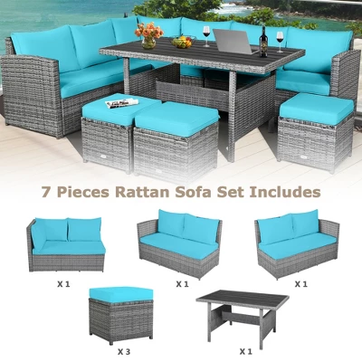 Tangkula 7PCS Rattan Patio Sectional Sofa Set Conversation Set W/ Turquoise Cushions 6 Tangkula 7PCS Rattan Patio Sectional Sofa Set Conversation Set W/ Turquoise Cushions - Image 6