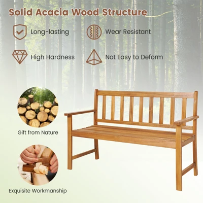 Tangkula 2-Person Outdoor Bench Patio Wooden Bench With Ergonomic Backrest & Armrests All-weather Acacia Wood Frame 48"x 22" 7 Tangkula 2-Person Outdoor Bench Patio Wooden Bench With Ergonomic Backrest & Armrests All-weather Acacia Wood Frame 48"x 22" - Image 7