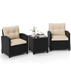 Tangkula 3 Piece Patio Furniture Set Rattan Conversation Set W/Soft Seat & Back Cushions Tempered Glass Topped Coffee Table Beige -Tangkula GUEST 1137980c e840 4044 bf2e 971b06e5c06b