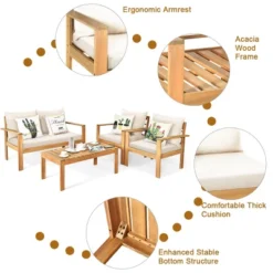Tangkula 4PCS Patio Acacia Wood Conversation Furniture Set W/ Off White Cushions -Tangkula GUEST 118f2cae 63f1 45cf 9e05 284c69303485 1