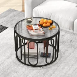 Tangkula 2-Tier 24" Round Coffee Table W/ Oval Swivel Brackets & Reeded Tempered Glass
