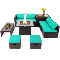 Tangkula 9 Pieces Outdoor Patio Furniture Set With 35" Propane Fire Pit Table Wicker Sectional Sofa Set W/ Storage Box Black/Gray/Navy/Red/Turquoise/Off White -Tangkula GUEST 12f71861 2fa9 4a66 be82 360125ed8c62