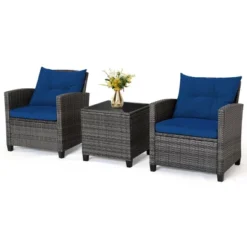 Tangkula 3PCS Patio Rattan Sofa Set Outdoor Wicker Conversation Set Glass Tabletop W/ Navy Cushion -Tangkula GUEST 13707df7 5e0f 4c13 838d 18722eea5fae