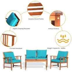 Tangkula 4pcs Wooden Patio Furniture Set Table & Sectional Sofa W/ Turquoise Cushion -Tangkula GUEST 137b304f e354 4eb2 aa26 df6fff481b4b