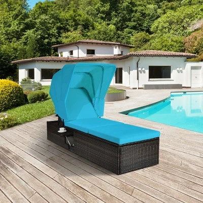 Tangkula Rattan Patio Chaise Lounge Chair W/ Adjustable Canopy Turquoise Cushion 2 Tangkula Rattan Patio Chaise Lounge Chair W/ Adjustable Canopy Turquoise Cushion - Image 2