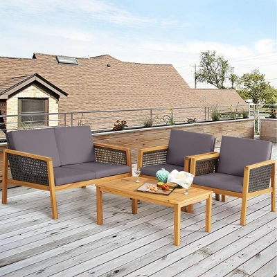 Tangkula 4PCS Patio Acacia Wood Furniture Set PE Rattan Conversation Set W/ Grey Cushions 2 Tangkula 4PCS Patio Acacia Wood Furniture Set PE Rattan Conversation Set W/ Grey Cushions - Image 2