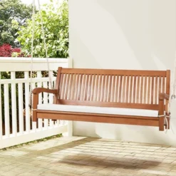 Tangkula 2-Seat Patio Hanging Wooden Porch Swing Bench W/ Cushion