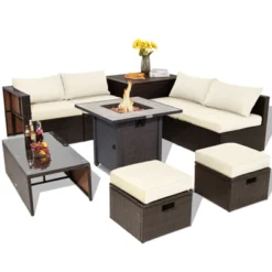 Tangkula 9 PCS Outdoor Patio Furniture Set W/ 30" Propane Fire Pit Table PE Wicker Space-Saving Sectional Sofa W/ Storage Box And Cushions Black/Gray/Navy/Red/Turquoise/Off White -Tangkula GUEST 1481ddca 210f 476a ab93 4dbd35cc6c94