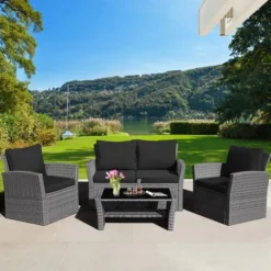 Tangkula 4PCS Patio Rattan Conversation Set Outdoor Furniture Set W/ Black Cushions