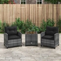 Tangkula 3 Pieces Patio Bistro Set Outdoor PE Rattan Conversation Chair Set With Tempered Glass Side Table And Removable Cushions Black -Tangkula GUEST 14f3d6b7 88d7 4927 be66 ecd450a2b08e