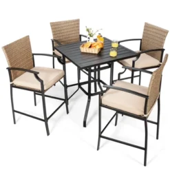 Tangkula 5PCS Patio Rattan Bar Set Wood Heavy-Duty Steel Frame Bistro Set With 4 Bar Stools For Poolside&Garden -Tangkula GUEST 153a12ed d3a3 4dfa 9b9d 1240e9978c27