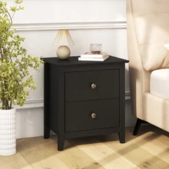 Tangkula Modern Nightstand W/ Storage 2 Drawers & Support Legs For Bedroom Black