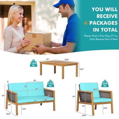 Tangkula 8PCS Patio Acacia Wood Furniture Set PE Rattan Conversation Set W/ Turquoise Cushions 6 Tangkula 8PCS Patio Acacia Wood Furniture Set PE Rattan Conversation Set W/ Turquoise Cushions - Image 6