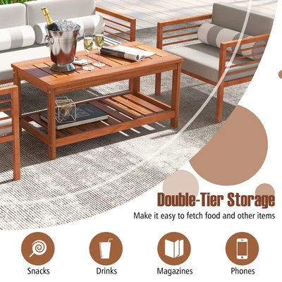 Tangkula Hardwood Outdoor Patio Coffee Table 2-Tier Coffee Table W/ Slat Tabletop & Storage Shelf Natural 3 Tangkula Hardwood Outdoor Patio Coffee Table 2-Tier Coffee Table W/ Slat Tabletop & Storage Shelf Natural - Image 3