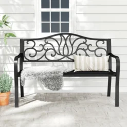 Tangkula 2-person Metal Bench W/ Floral Pattern Slanted Backrest Slatted Surface Black -Tangkula GUEST 162ad492 37ca 4eee b3d8 fd2b3f46def0