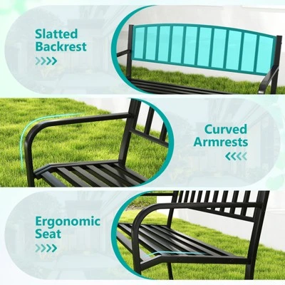 Tangkula 50 Inches Garden Bench W/ Slatted Backrest & Curved Armrests For Porch 7 Tangkula 50 Inches Garden Bench W/ Slatted Backrest & Curved Armrests For Porch - Image 7