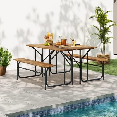 Tangkula 2PCS Table Bench Set For 2 Picnic Table & Loveseat W/Acacia Wood Top Metal Legs 1 Tangkula 2PCS Table Bench Set For 2 Picnic Table & Loveseat W/Acacia Wood Top Metal Legs