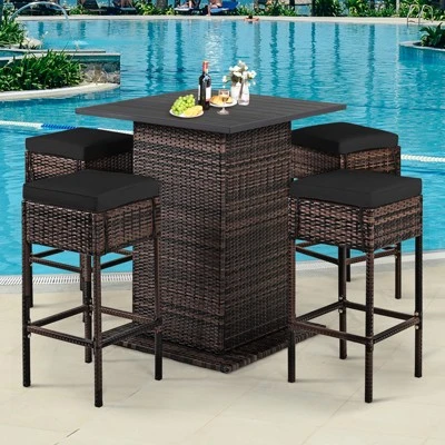 Tangkula 5PCS Patio Rattan Bar Table Stool Set Hidden Storage Shelf Cushion Red Patio Black 2 Tangkula 5PCS Patio Rattan Bar Table Stool Set Hidden Storage Shelf Cushion Red Patio Black - Image 2
