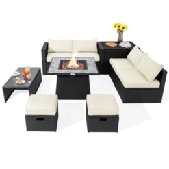 Tangkula 9 Pieces Outdoor PE Rattan Wicker Sectional Sofa With 35" Gas Fire Pit Table Space-Saving Patio Conversation Set With Storage Box Black/Grey/Navy/Red/Turquoise/Off White -Tangkula GUEST 16bc8757 5cdf 4c22 9fce f74cab4d7722
