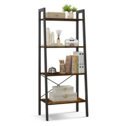 Tangkula 4-Tier Ladder Bookshelf Industrial Wooden Bookcase With Metal Frame Anti-Toppling Device Rack Rustic Brown/Gray Oak 18 Tangkula 4-Tier Ladder Bookshelf Industrial Wooden Bookcase With Metal Frame Anti-Toppling Device Rack Rustic Brown/Gray Oak -Tangkula GUEST 1718e466 e06e 453d 81c6 62b1fb23803b