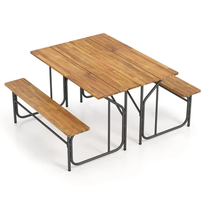 Tangkula 2PCS Table Bench Set For 2 Picnic Table & Loveseat W/Acacia Wood Top Metal Legs 9 Tangkula 2PCS Table Bench Set For 2 Picnic Table & Loveseat W/Acacia Wood Top Metal Legs - Image 9
