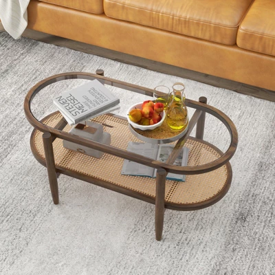 Tangkula 2-Tier Acacia Wood Coffee Table Mid-Century Modern Rectangular Center Table With Glass Tabletop And Imitation Rattan Storage Shelf 3 Tangkula 2-Tier Acacia Wood Coffee Table Mid-Century Modern Rectangular Center Table With Glass Tabletop And Imitation Rattan Storage Shelf - Image 3