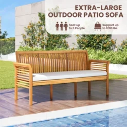 Tangkula 3 Person Outdoor Bench, 62.5" Acacia Wood Patio Sofa With Curved Armrests And Removable Seat Cushion -Tangkula GUEST 174e8fc6 7d7f 47ae a115 216bb061f432