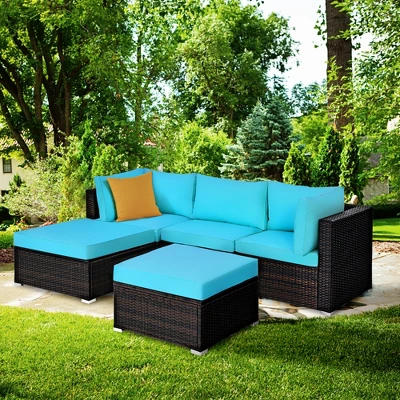Tangkula 5PCS Cushioned Rattan Patio Conversation Set Outdoor Furniture Set W/ Ottoman 1 Tangkula 5PCS Cushioned Rattan Patio Conversation Set Outdoor Furniture Set W/ Ottoman