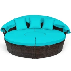 Tangkula Cushioned Patio Rattan Round Daybed W/ Adjustable Table 3 Pillows Turquoise -Tangkula GUEST 18cde59c b745 461a 9494 e49cfc486dc0