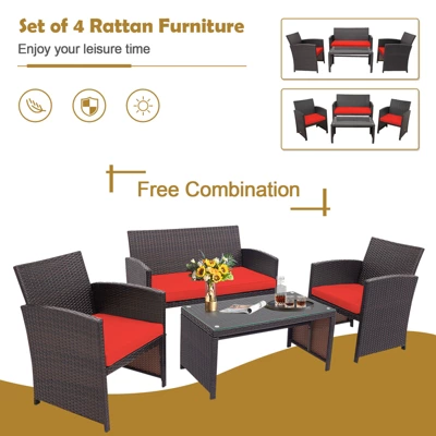 Tangkula 8PCS Outdoor Patio Furniture Sets Weather-Resistant Rattan Sofas W/ Soft Cushion Red 4 Tangkula 8PCS Outdoor Patio Furniture Sets Weather-Resistant Rattan Sofas W/ Soft Cushion Red - Image 4