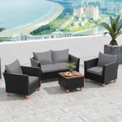 Tangkula 4 PCS Wicker Patio Furniture Set W/ Removable Cushions Storage Coffee Table