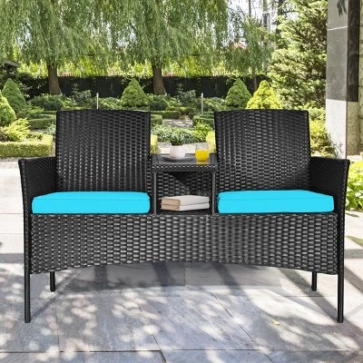 Tangkula Outdoor Rattan Furniture Wicker Patio Conversation Chair W/Cushions Turquoise 2 Tangkula Outdoor Rattan Furniture Wicker Patio Conversation Chair W/Cushions Turquoise - Image 2