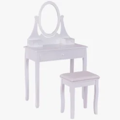 Tangkula Mirrored Dressing Table Wooden Vanity Makeup Unit W/ Cushioned Stool -Tangkula GUEST 1ab1fee2 debb 4c2a 8c66 8921b4531ba2
