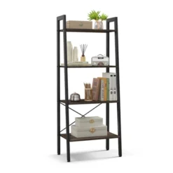 Tangkula 4-Tier Ladder Bookshelf Industrial Wooden Bookcase With Metal Frame Anti-Toppling Device Rack Rustic Brown/Gray Oak 19 Tangkula 4-Tier Ladder Bookshelf Industrial Wooden Bookcase With Metal Frame Anti-Toppling Device Rack Rustic Brown/Gray Oak -Tangkula GUEST 1acee57b 6742 4e70 a61f 59c18fa78e23