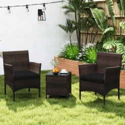 Tangkula 3 PCS Outdoor Conversation Set W/ Cushioned Seat & Tempered Glass Tabletop -Tangkula GUEST 1afebe45 ac4c 4070 9c3e aa59fa3960e6
