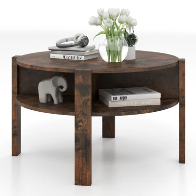 Tangkula Round Coffee Table With 4 Side Compartments 2-Tier Circle Coffee Table 8 Tangkula Round Coffee Table With 4 Side Compartments 2-Tier Circle Coffee Table - Image 8