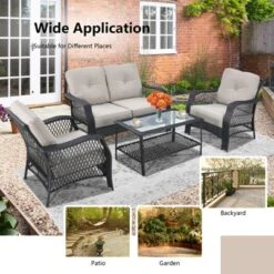 Tangkula 4PCS Patio Rattan Furniture Set Outdoor Conversation Set W/Tempered Glass Coffee Table Beige 12 Tangkula 4PCS Patio Rattan Furniture Set Outdoor Conversation Set W/Tempered Glass Coffee Table Beige -Tangkula GUEST 1b16aff2 af1c 40cb 90fd 312746de1f11