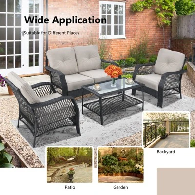 Tangkula 4PCS Patio Rattan Furniture Set Outdoor Conversation Set W/Tempered Glass Coffee Table Beige 4 Tangkula 4PCS Patio Rattan Furniture Set Outdoor Conversation Set W/Tempered Glass Coffee Table Beige - Image 4