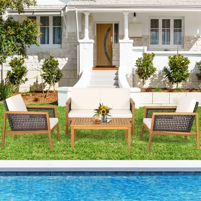 Tangkula 8-Piece Patio Acacia Wood Furniture Set Outdoor PE Rattan Conversation Set With Removable Cushions 2 Tangkula 8-Piece Patio Acacia Wood Furniture Set Outdoor PE Rattan Conversation Set With Removable Cushions - Image 2