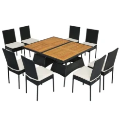 Tangkula 10PCS Rattan Patio Dining Set Cushioned Outdoor Furniture Set W/ Wooden Tabletop