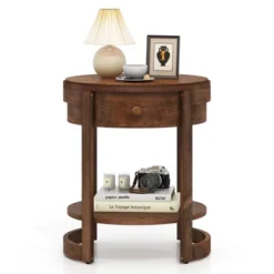 Tangkula 2-Tier Nightstand W/ Shelf & Wood Grains Drawer Round White/Brown -Tangkula GUEST 1ce4fad5 ab4a 4951 be15 1c26d2693022