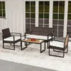 Tangkula Set Of 4 PE Rattan Patio Conversation Set Outdoor Porch Chairs Loveseat With Coffee Table And Soft Cushions Metal Frame