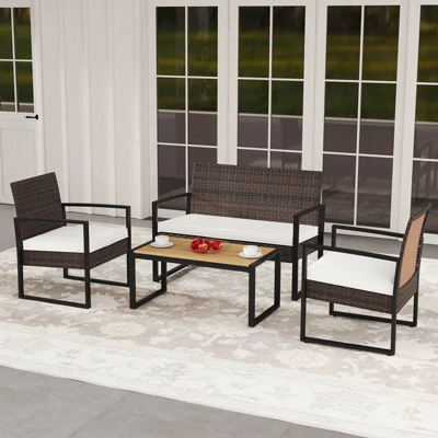 Tangkula Set Of 4 PE Rattan Patio Conversation Set Outdoor Porch Chairs Loveseat With Coffee Table And Soft Cushions Metal Frame 1 Tangkula Set Of 4 PE Rattan Patio Conversation Set Outdoor Porch Chairs Loveseat With Coffee Table And Soft Cushions Metal Frame