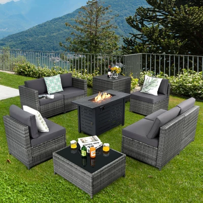 Tangkula 9 PCS Rattan Dinning Set Wicker Sofa W/Propane Gas Fire Pit 60,000 Btu Heater 2 Tangkula 9 PCS Rattan Dinning Set Wicker Sofa W/Propane Gas Fire Pit 60,000 Btu Heater - Image 2