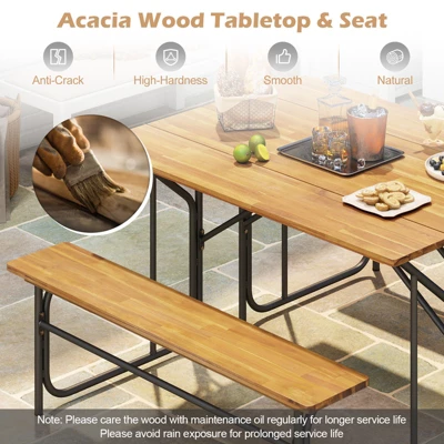 Tangkula 2PCS Table Bench Set For 2 Picnic Table & Loveseat W/Acacia Wood Top Metal Legs 4 Tangkula 2PCS Table Bench Set For 2 Picnic Table & Loveseat W/Acacia Wood Top Metal Legs - Image 4