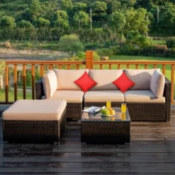 Tangkula 5PCS Rattan Sectional Sofa Set Patio Furniture Set W/ Beige Cushion Pillow