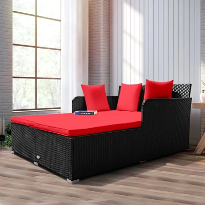 Tangkula Patio Rattan Daybed With 4 Pillows Cushioned Sofa For Outdoor 2 Tangkula Patio Rattan Daybed With 4 Pillows Cushioned Sofa For Outdoor - Image 2