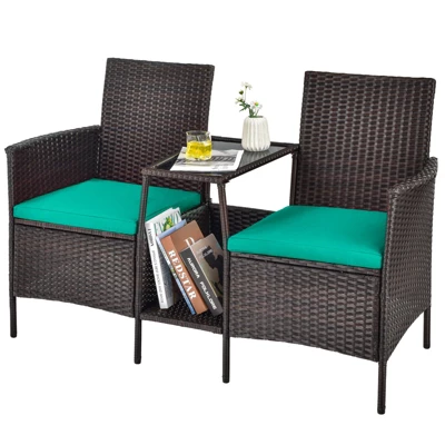 Tangkula Patio Loveseat 2 Person Cushioned Seats With Center Table Outdoor Rattan Furniture Set Turquoise/ Red 5 Tangkula Patio Loveseat 2 Person Cushioned Seats With Center Table Outdoor Rattan Furniture Set Turquoise/ Red - Image 5